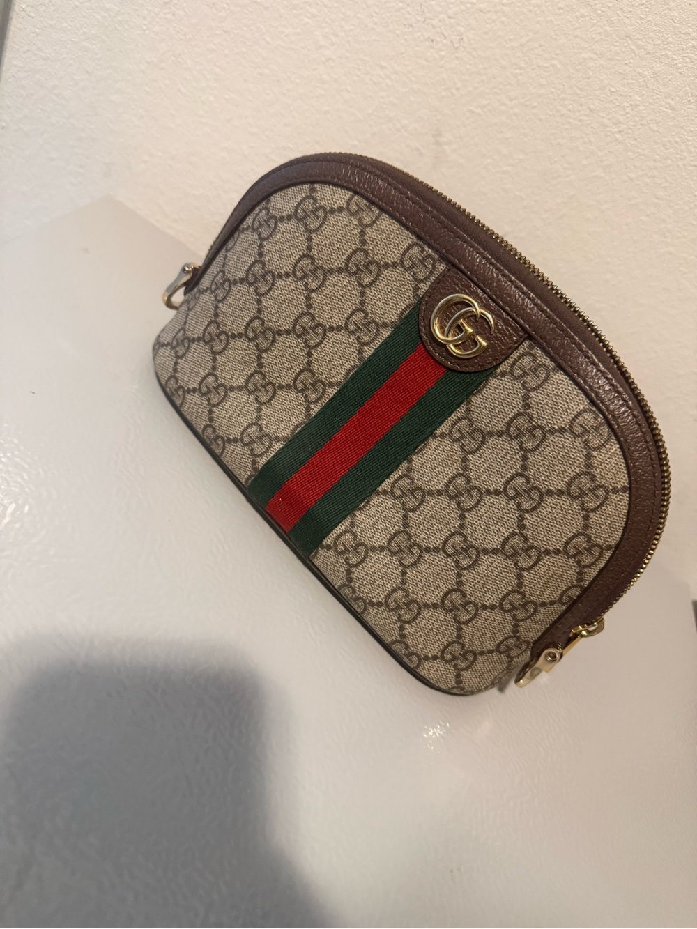 Gucci GG Supreme Cosmetic Pouch with Green and Red Web Stripe